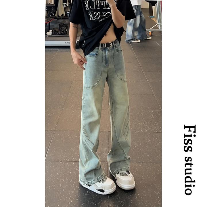 美式牛仔裤高街秋季新款显瘦微喇裤牛仔裤男设计感褶皱百搭牛仔裤