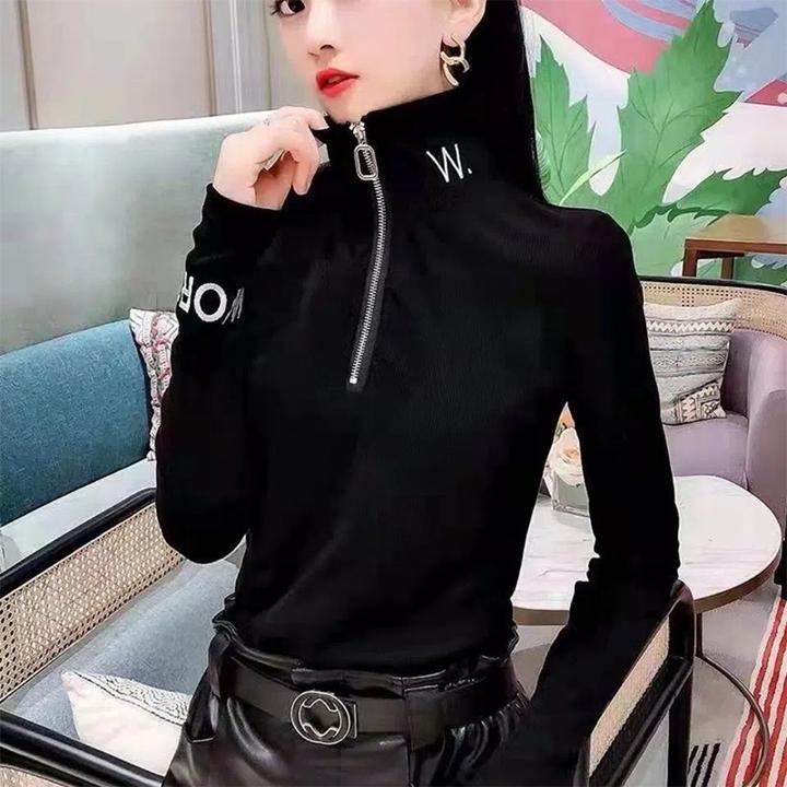 半拉链高领内搭打底毛衣女秋冬季新款修身字母长袖保暖针织衫上衣