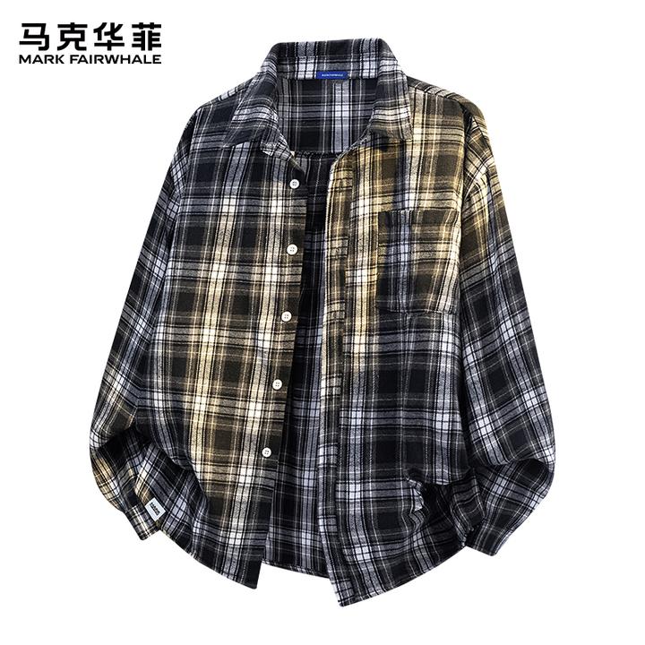 马克华菲美式潮牌格子长袖衬衫男士秋季新款宽松百搭休闲上衣外套