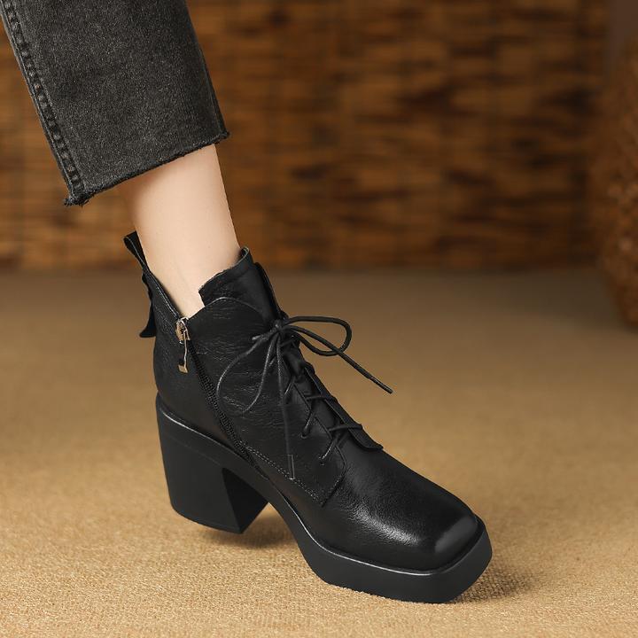 小个子厚底高跟短靴女秋冬牛皮系带方头粗跟短筒马丁靴百搭及踝靴