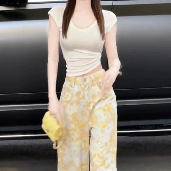 美式时尚花色阔腿裤套装女2025夏季新款设计感无袖恤上衣两件套