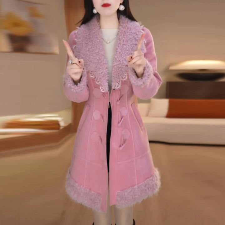 加绒加厚外套女2025冬季新款高级感轻奢修身显瘦气质粉色保暖大衣