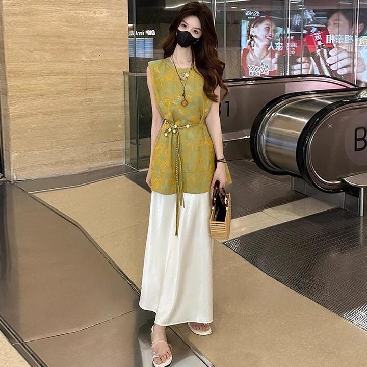 新中式国风连衣裙套装女夏季新款洋气提花无袖上衣半身裙两件套潮