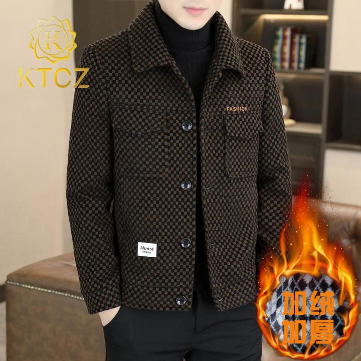 KTCZ毛呢大衣男短款风衣秋冬季翻领加绒加厚夹克格子呢子外套冬装