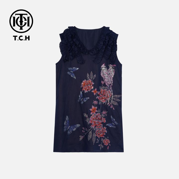 TCH私服烫钻工艺时尚休闲气质蝴蝶连衣裙女T75B30E5152轻奢tch