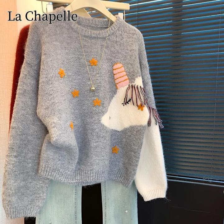 拉夏贝尔秋冬新款撞色绣花动物图案宽松针织衫毛衣圆领百搭上衣女