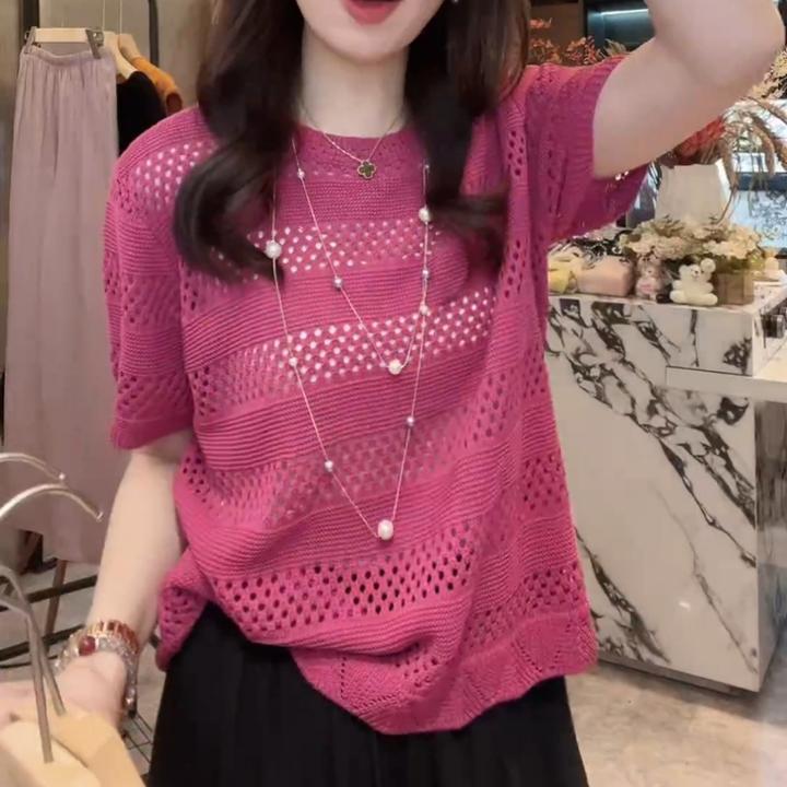 【芝士卷】可爱风甜美夏季镂空薄款短袖百搭洋气小衫LK2503215