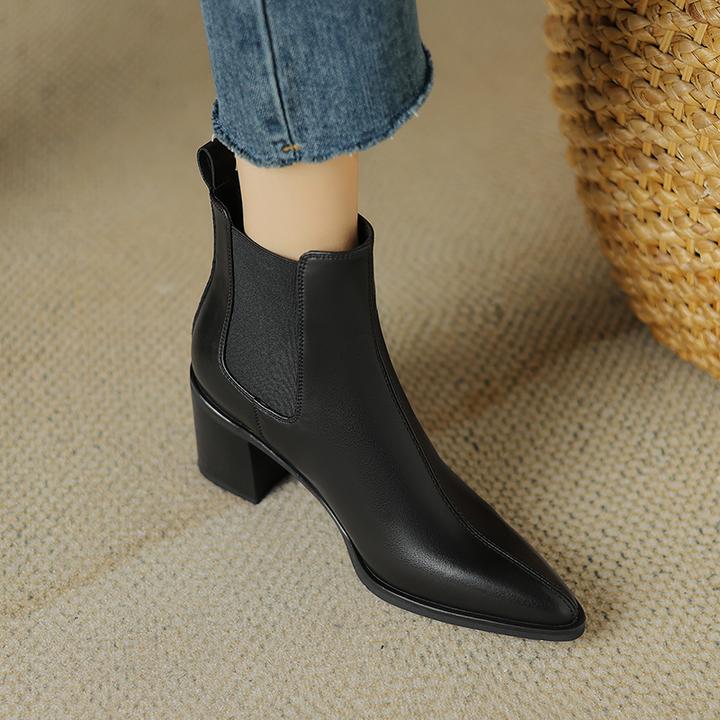 切尔西靴女秋冬季加绒高跟鞋真皮软皮粗跟尖头法式复古小短靴大码