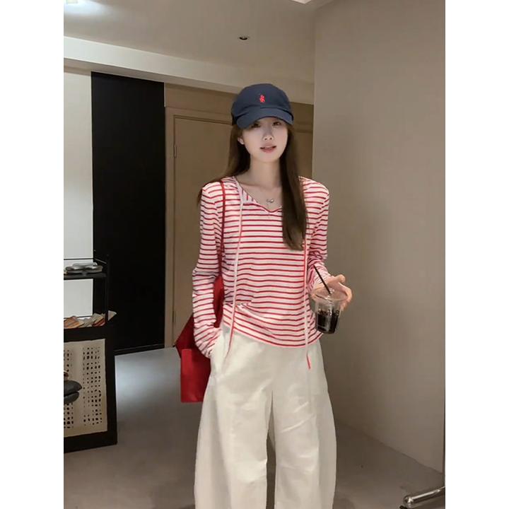 红色条纹V领长袖t恤女夏季韩系慵懒松弛感高级小众不撞衫罩衫上衣