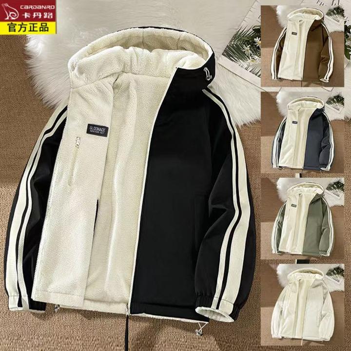 卡丹路秋冬加绒加厚棉服双面穿2025新款潮流百搭青少年连帽外套男
