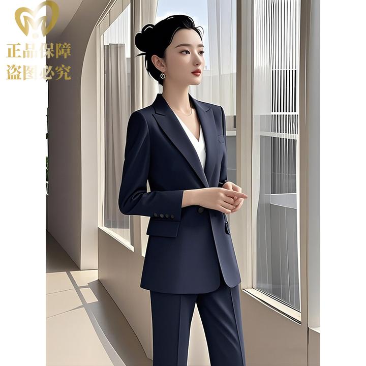 高个子两件套藏青色女西装套装高级感正装网红时尚小西装修身气质