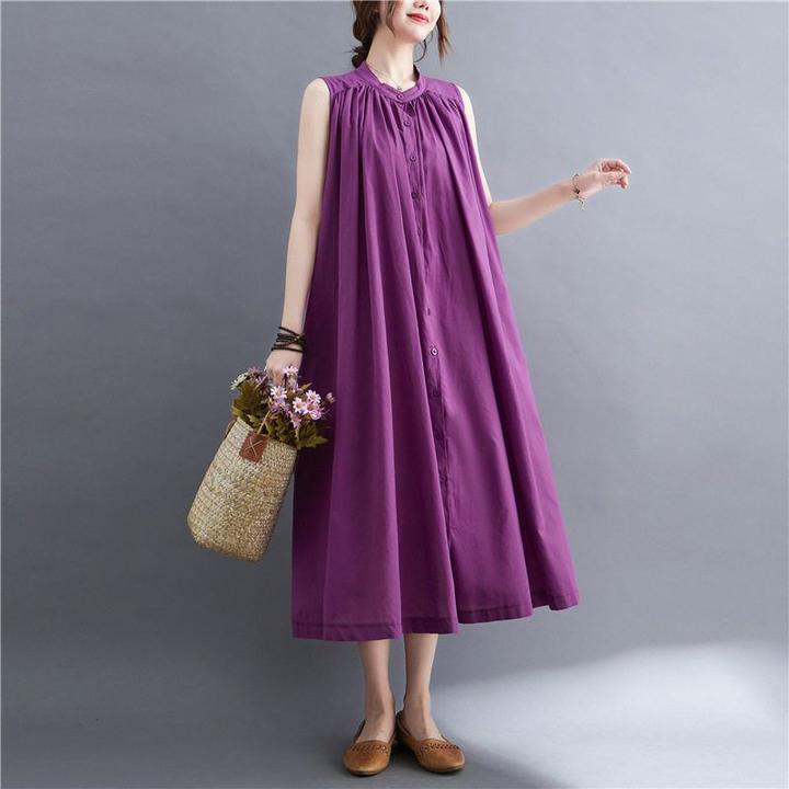 夏季新款大码胖MM复古文艺洋气时尚宽松无袖连衣裙纯色通勤长裙