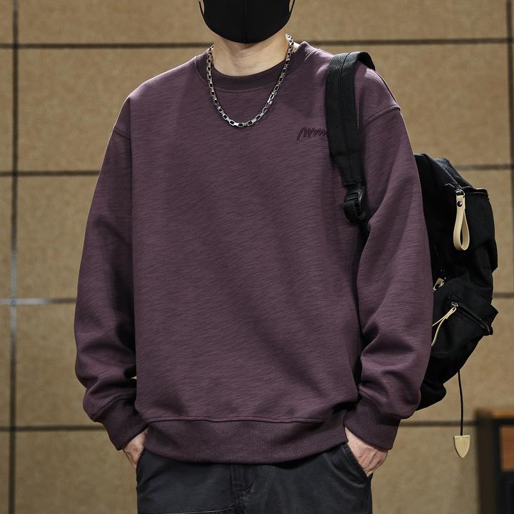 高端酱紫色美式重磅圆领竹节纹理卫衣男士2025秋季宽松简约上衣