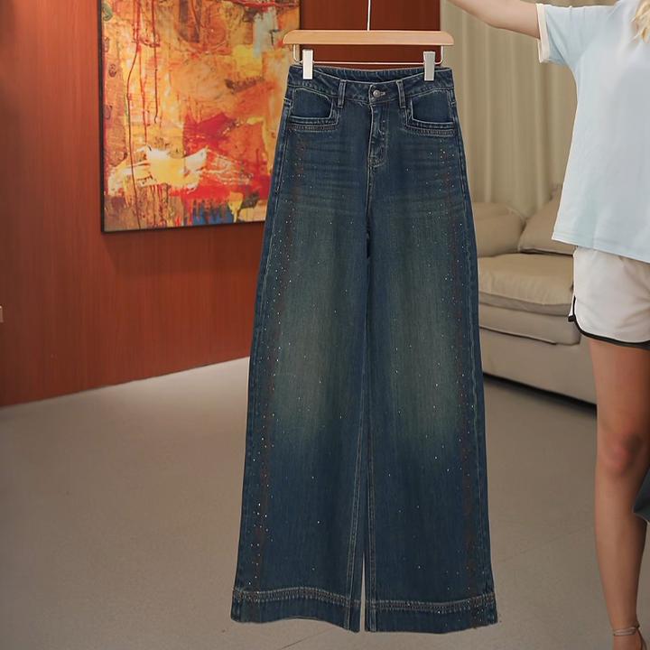 时尚烫钻高腰牛仔阔腿裤女春秋季新款显瘦窄版直筒裤休闲百搭长裤