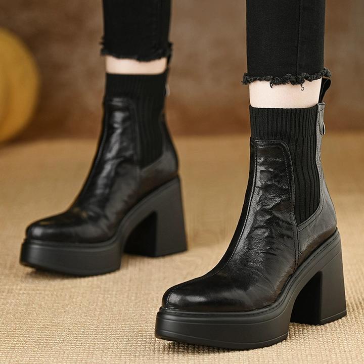 AACCK手工女鞋9.3cm~短靴防水台粗跟后拉链高跟圆头手抓羊皮黑色