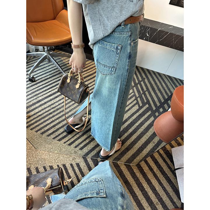 大码复古做旧开叉牛仔长裙女2025早秋爆款新款A字高腰显瘦半身裙
