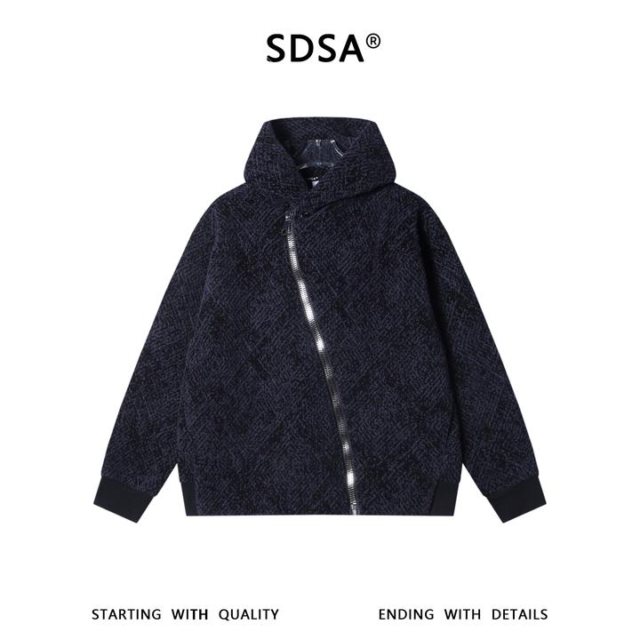 SDSA男士秋冬新款痞帅男装简约菱形格纹斜拉链连帽卫衣百搭时尚