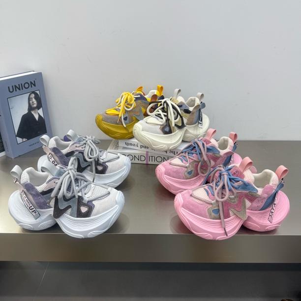 2025年新款厚底松糕磨砂皮拼接四季网面老爹鞋底厚6公分增高百搭