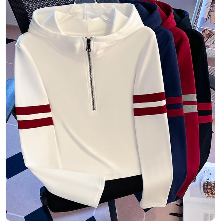 实拍磨毛拼色拉链连帽百搭长袖打底衫T恤