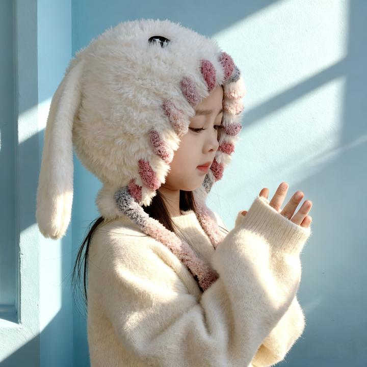 儿童帽子毛绒秋冬季男女童可爱小兔耳朵保暖护耳帽毛线套头帽绒帽