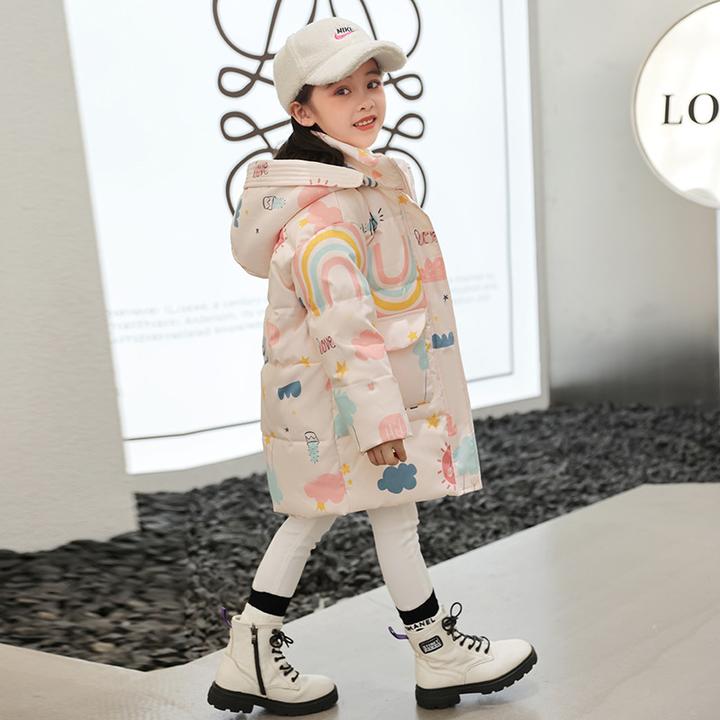 童泰【正品】冬季儿童羽绒服女童中长款白鸭绒连帽小女孩中小童洋气