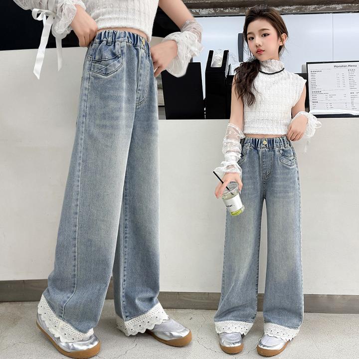 女童牛仔裤2025春秋装休闲洋气儿童中大童宽松花边裤子春款阔腿裤