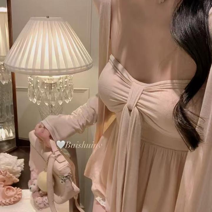 慵懒姐姐 莫代尔粉色开衫女夏抹胸韩系千金感温柔纯欲套装