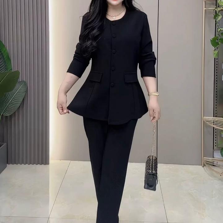 FE3451春秋新款时尚黑色长袖上衣裤子显瘦气质套装