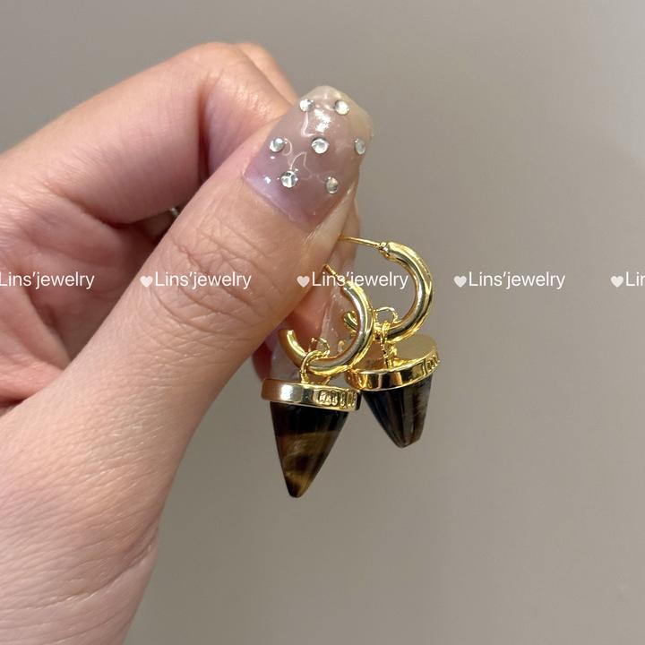 铜合金仿水晶耳饰 黑金美拉德经典配色锥形耳钉~小众精致ins