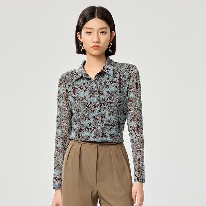 高端网纱长袖衬衫女2025新款夏季薄款修身显瘦印花衬衣上衣打底衫
