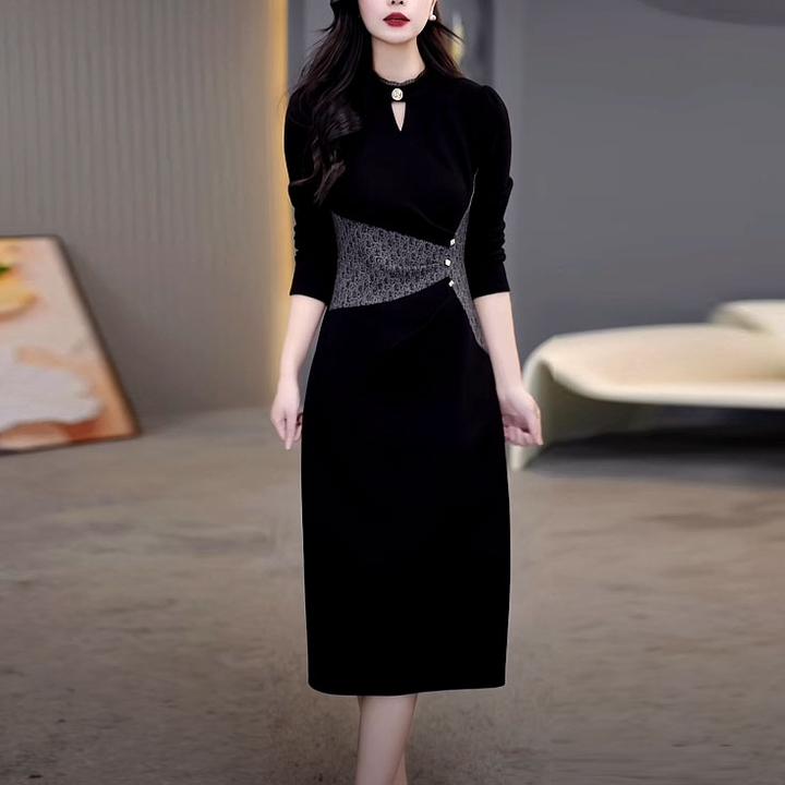 高级精纺呢料时尚气质加厚连衣裙2024冬季新款修身显瘦百搭打底裙