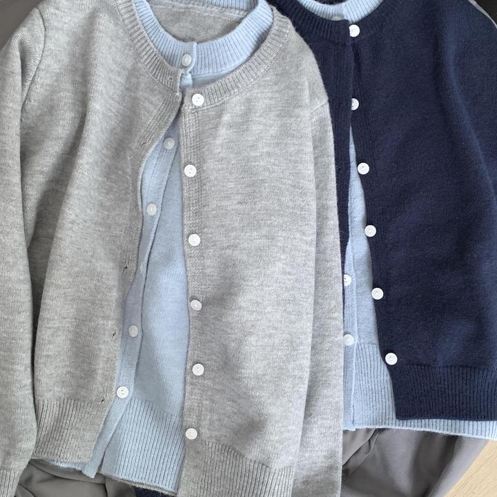 秋季韩系chic拼接撞色假两件灰色针织开衫外套女慵懒外搭毛衣上衣