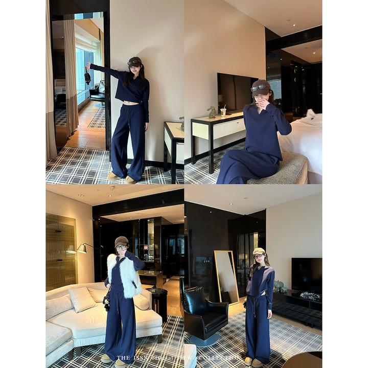 THEISSN宁司  竖纹肌理感T恤女秋冬垂感休闲裤套装 01747/01748