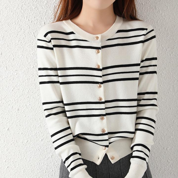 哥弟阿玛施正品2025春秋新款条纹针织开衫女百搭圆领长袖外套毛衫