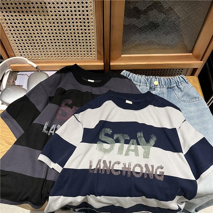 吴小越w1233男童夏款短袖条纹无感印花韩版棉t恤中大童儿童上衣