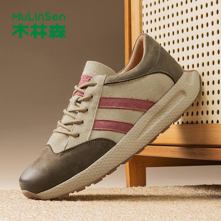 木林森真皮复古阿甘鞋男秋季透气休闲男鞋系带运动潮流百搭德训鞋