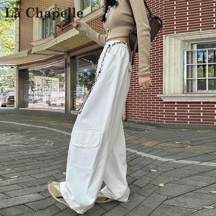 拉夏贝尔设计感腰带阔腿工装裤女秋季新款高腰宽松大口袋直筒裤子