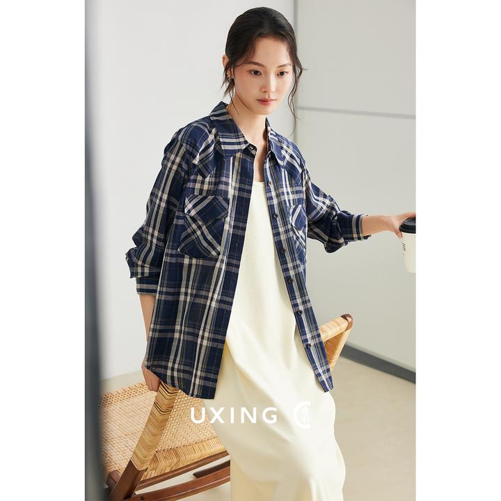 原形时尚复古方领格子衬衫2025新春夏宽松显瘦休闲格纹衬衣91358