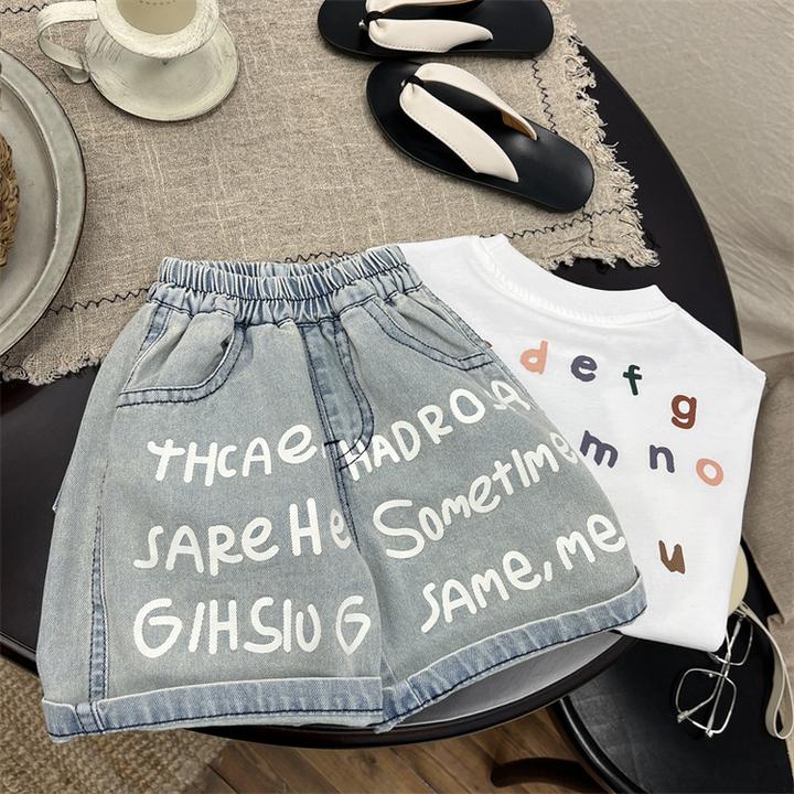 阔腿2025新款冲击儿童字母印花牛仔短裤男女童百搭休闲裤子潮款