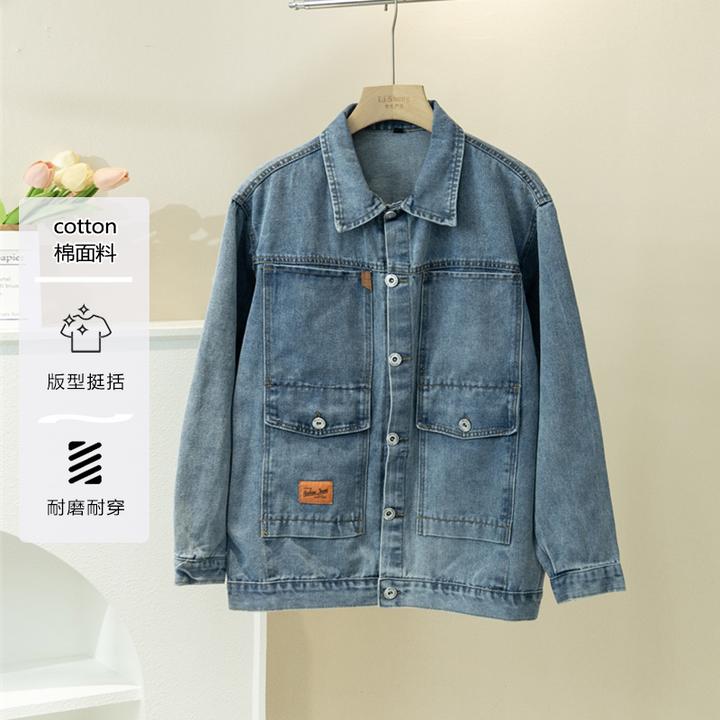 春季男士牛仔夹克多口袋外套男款复古休闲美式工装翻领夹克ZJ63