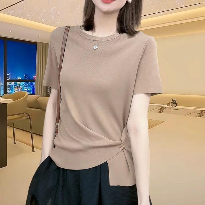 冰丝短袖t恤2025新款夏宽松显瘦下摆对称T恤遮肉小众不规则上衣女