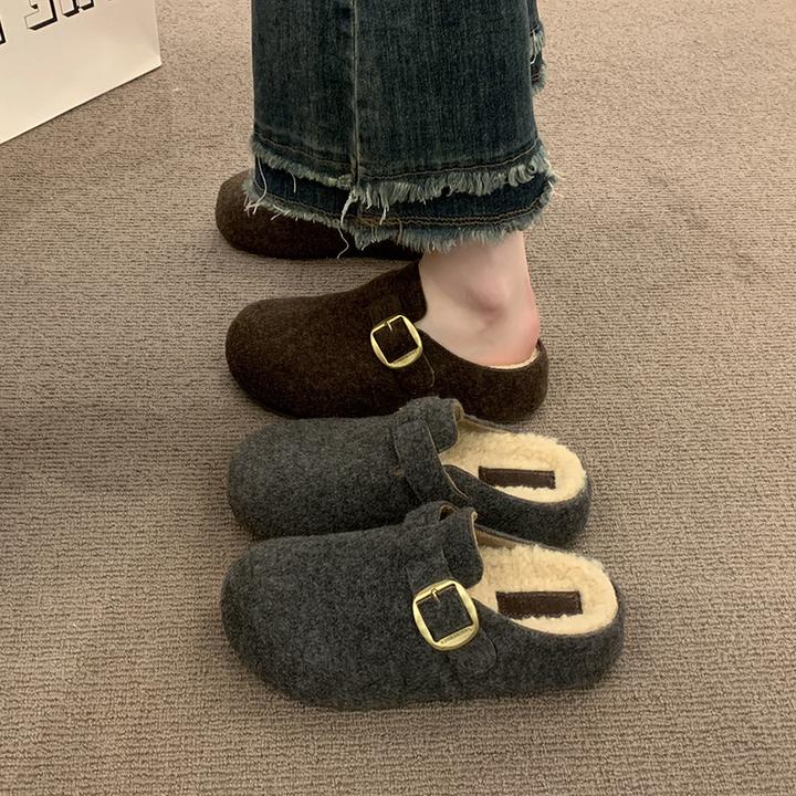 厚底一脚蹬勃肯鞋子包头半拖鞋女冬季外穿加绒2025新款棉拖鞋