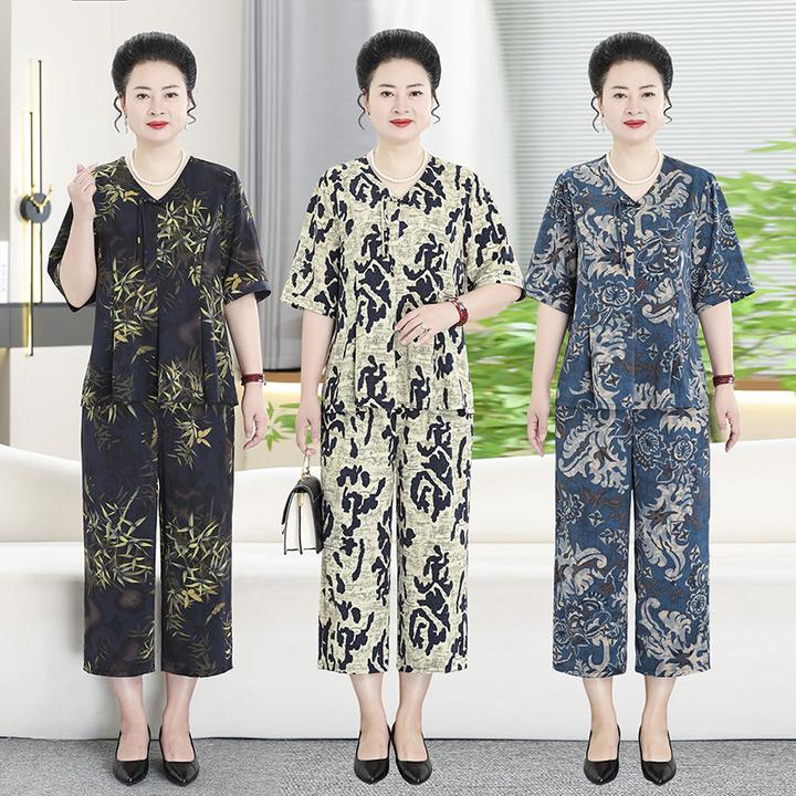 大码妈妈装夏季新款薄款国风套装女中老年人上衣+裤子两件套2538