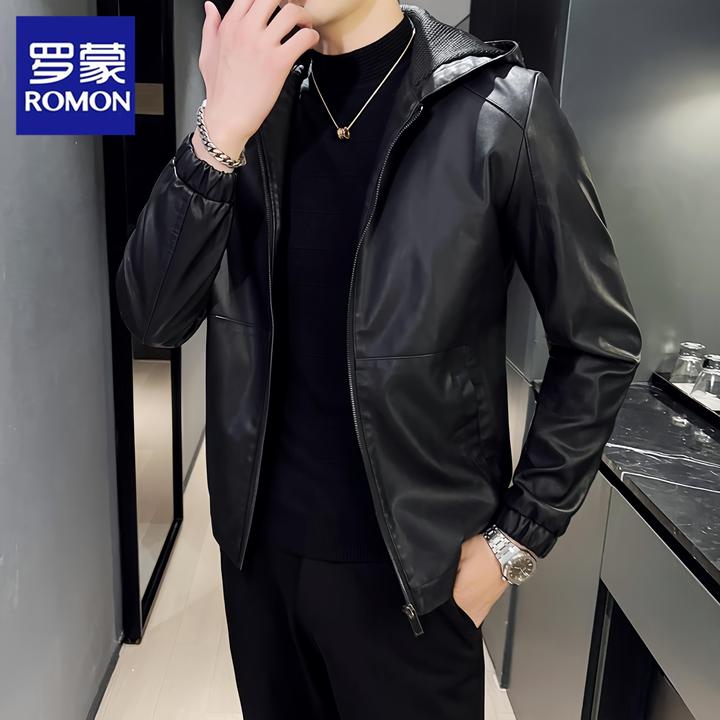 Romon/罗蒙秋冬潮流皮衣男士休闲连帽时尚百搭高品质夹克防风外套