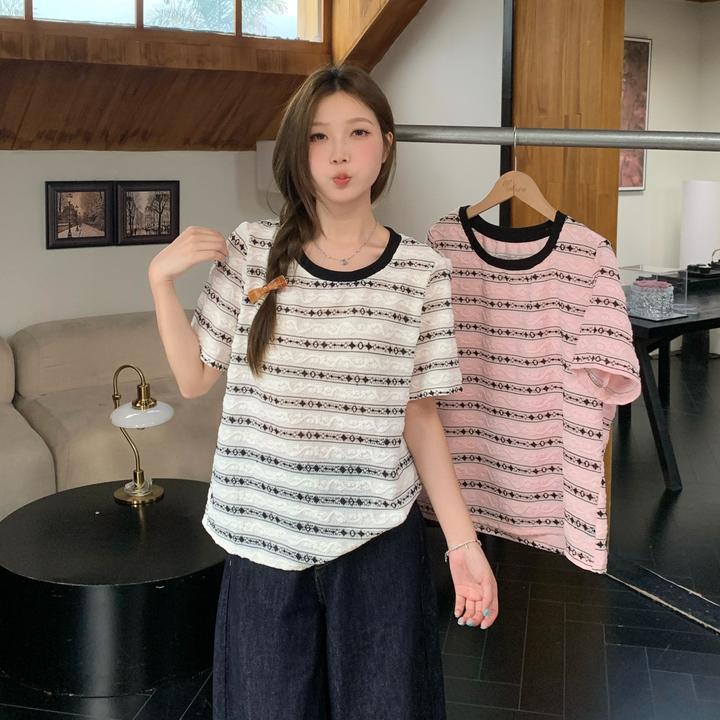 夏季新款胖mm大码韩版复古条纹短袖t恤撞色提花蕾丝上衣