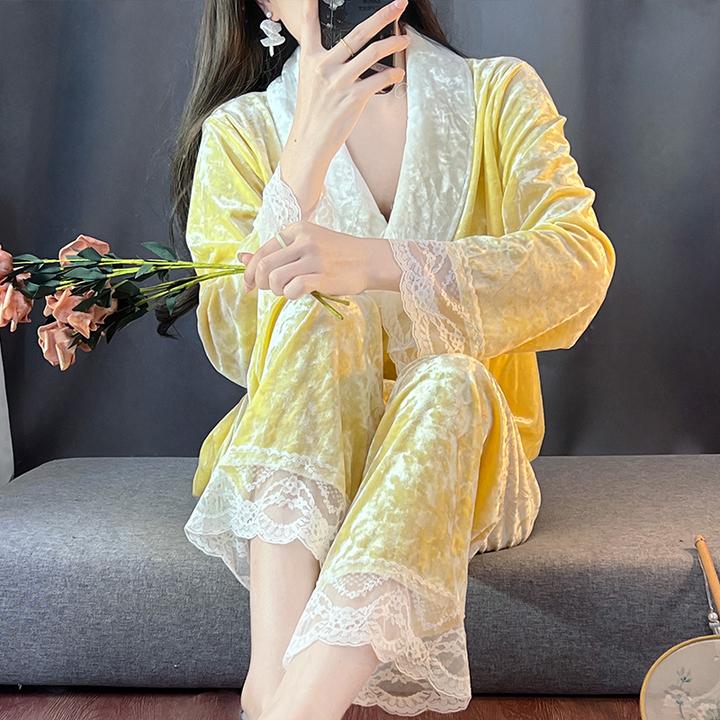 轻奢法式金丝绒睡衣女秋冬季2024新款粉色蕾丝家居服时尚气质套装