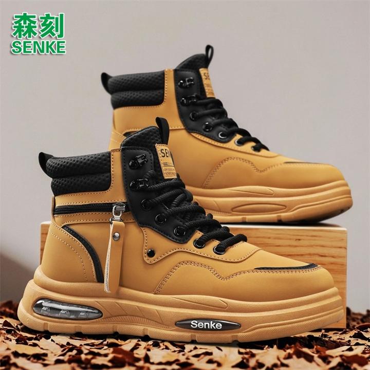森刻男鞋秋冬季户外厚底防滑增高工装靴防水保暖百搭马丁靴男
