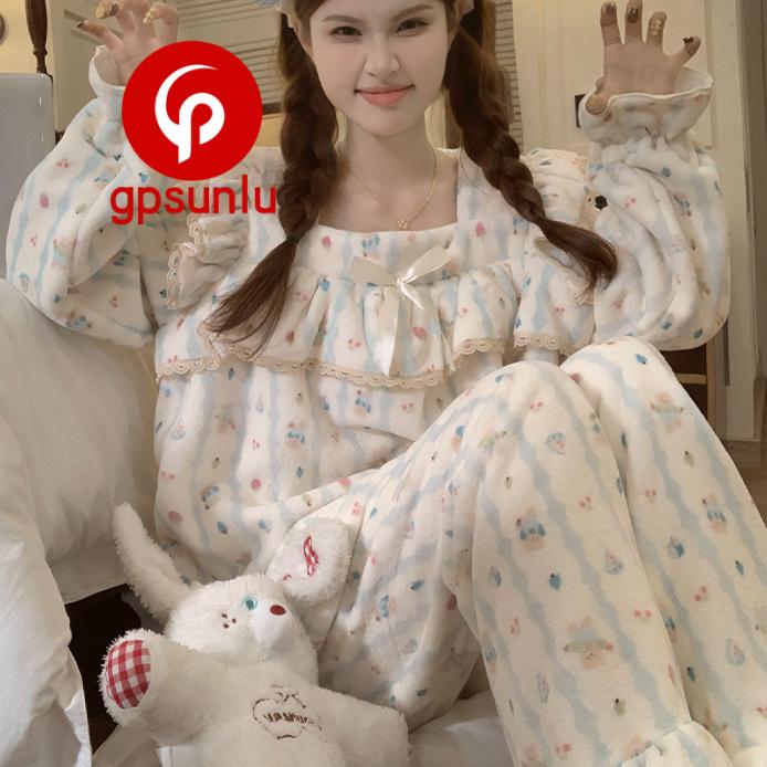 gpsunlu珊瑚绒睡衣女款秋冬季加厚加绒保暖条纹小熊法兰绒家居服