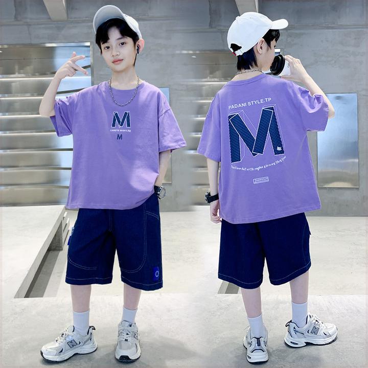 男童夏季套装新款大儿童薄款洋气运动休闲字母印花短袖两件套