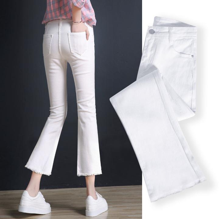 秋季新款白色微喇叭牛仔裤女高腰修身显瘦蓝小个子黑色直筒牛仔裤